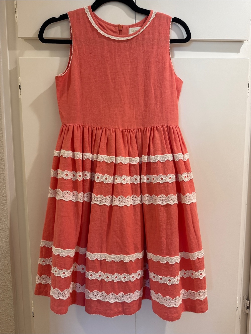 Boden Coral Dress with White Lace Tiers